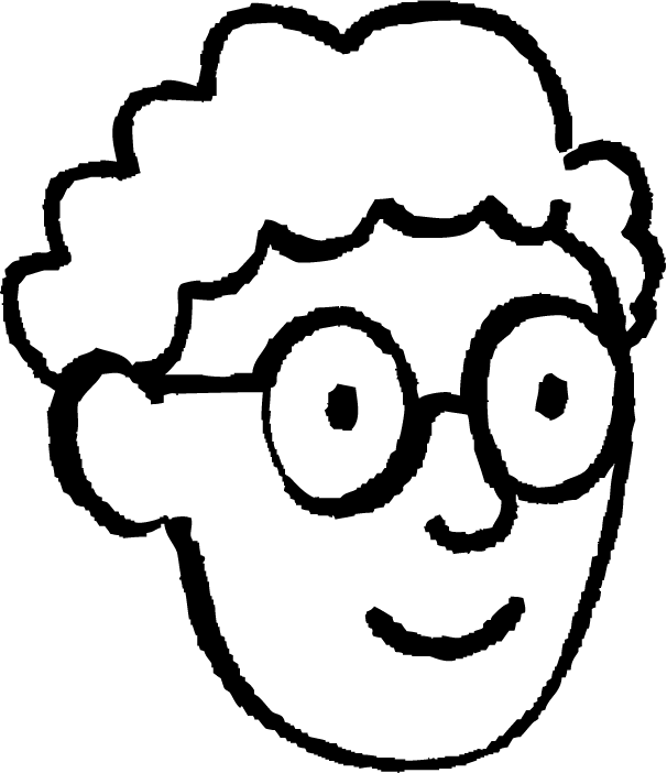 a black and white drawing of a man with glasses and a curly - haired man's head is smiling