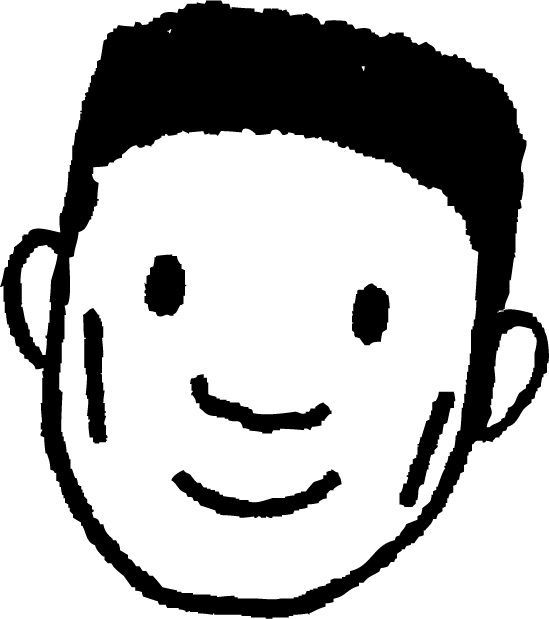 a black and white drawing of a man's face with a smile on it's face and a short haircut