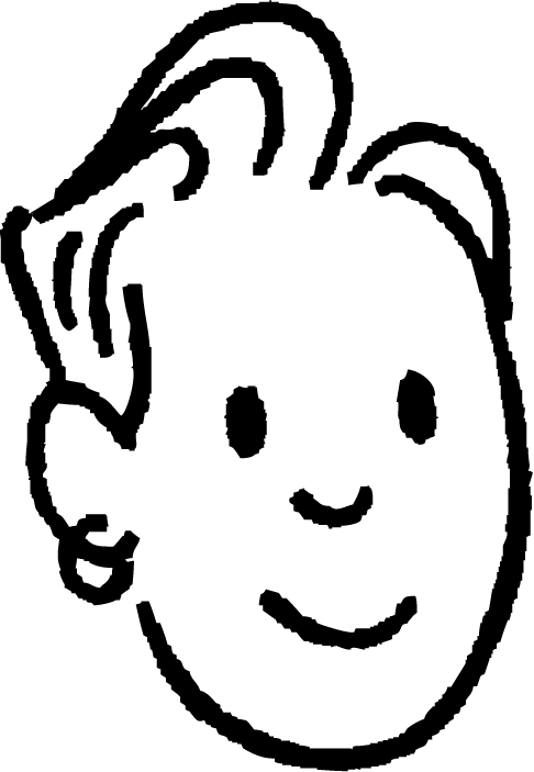 a black and white drawing of a child's head with a smile on it's face,