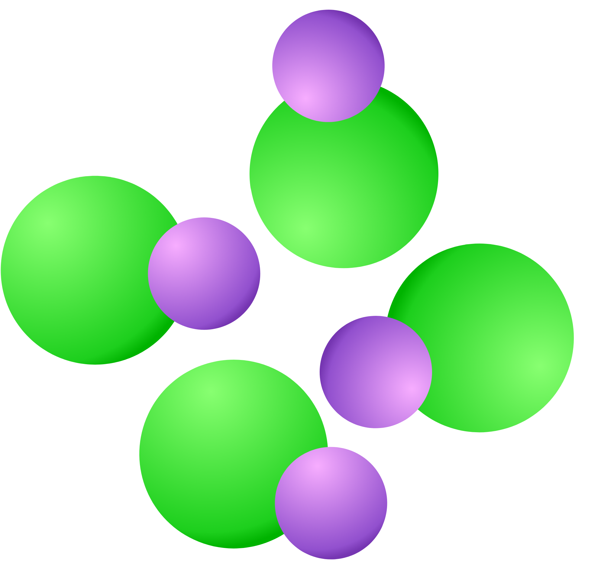 a group of purple and green balls floating in the air on top of each other on a white background