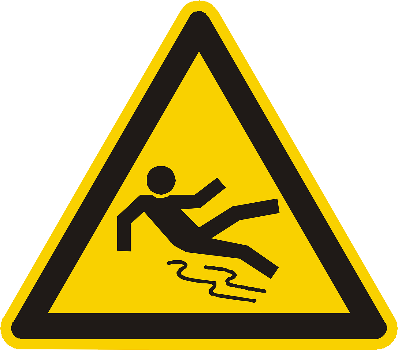 a yellow triangle sign with a black and white image of a person falling from a diving hazard sign on a white background