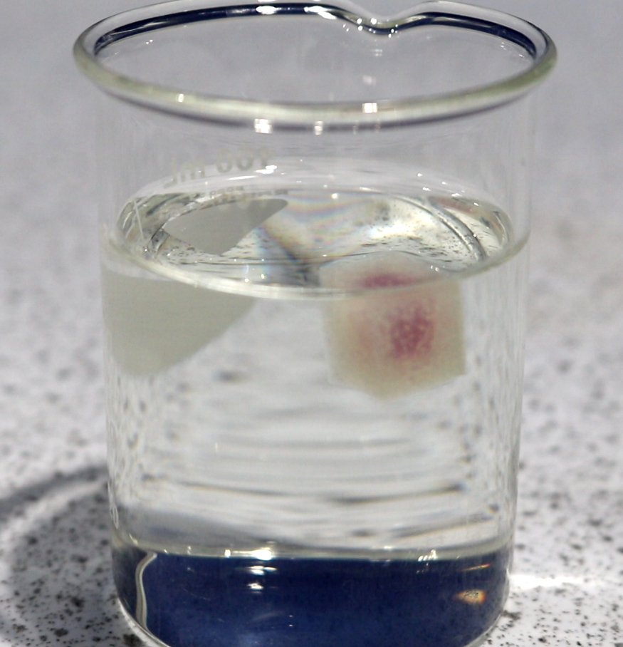 a small glass filled with water on top of a white counter top next to a small glass filled with water